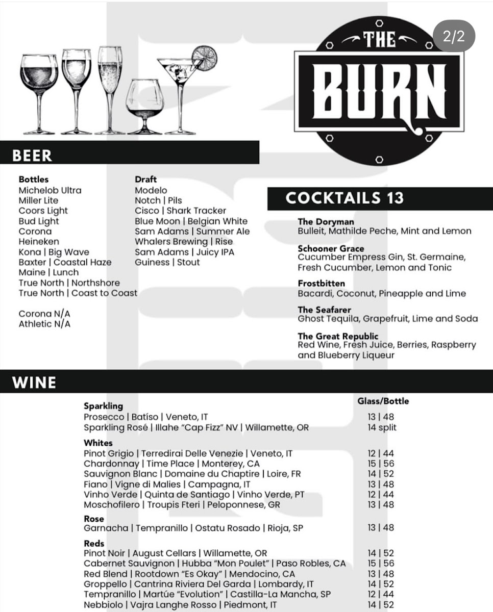 The Burn Tavern menu board