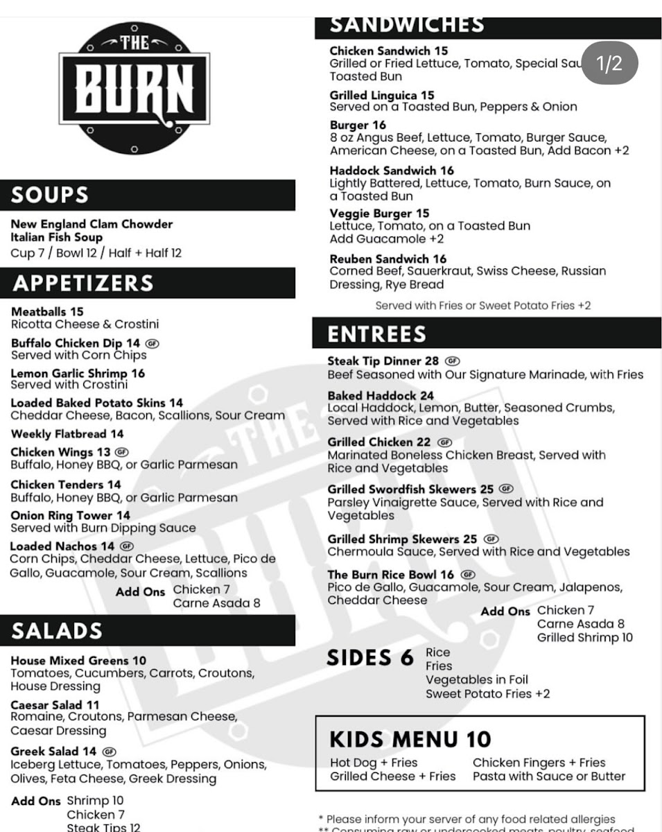 The Burn Tavern menu board