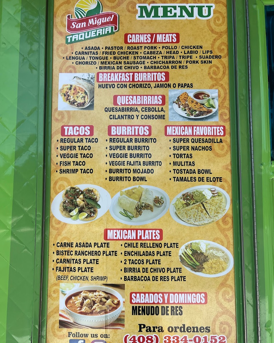 San Miguel Taqueria menu board