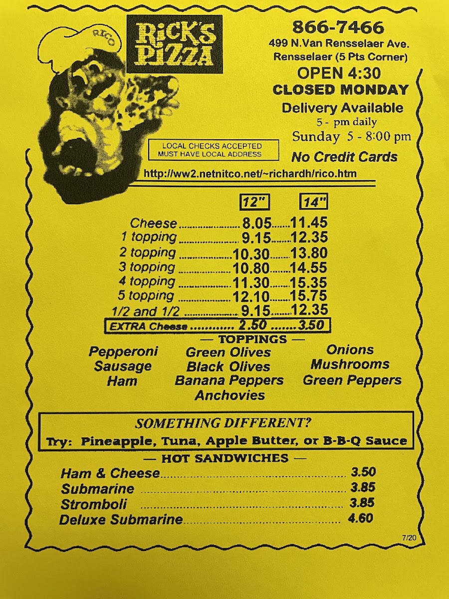 Rick's Pizza menu board