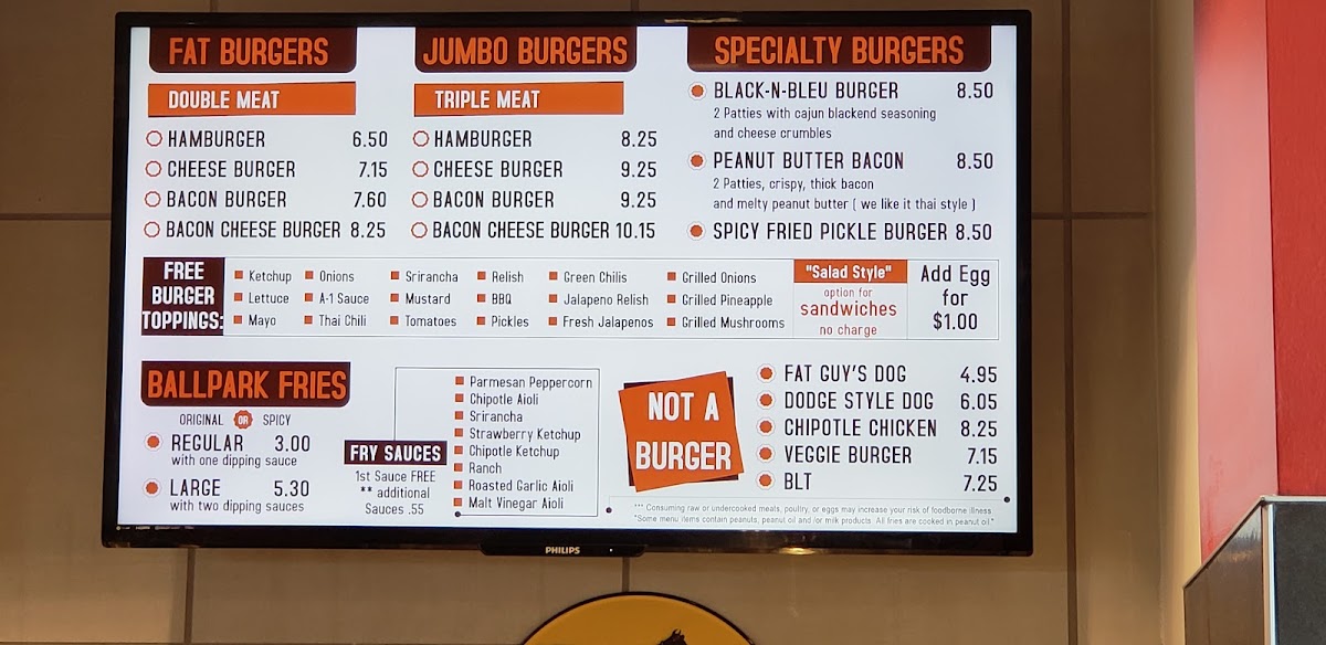 Fat Guys Burger Bar menu board