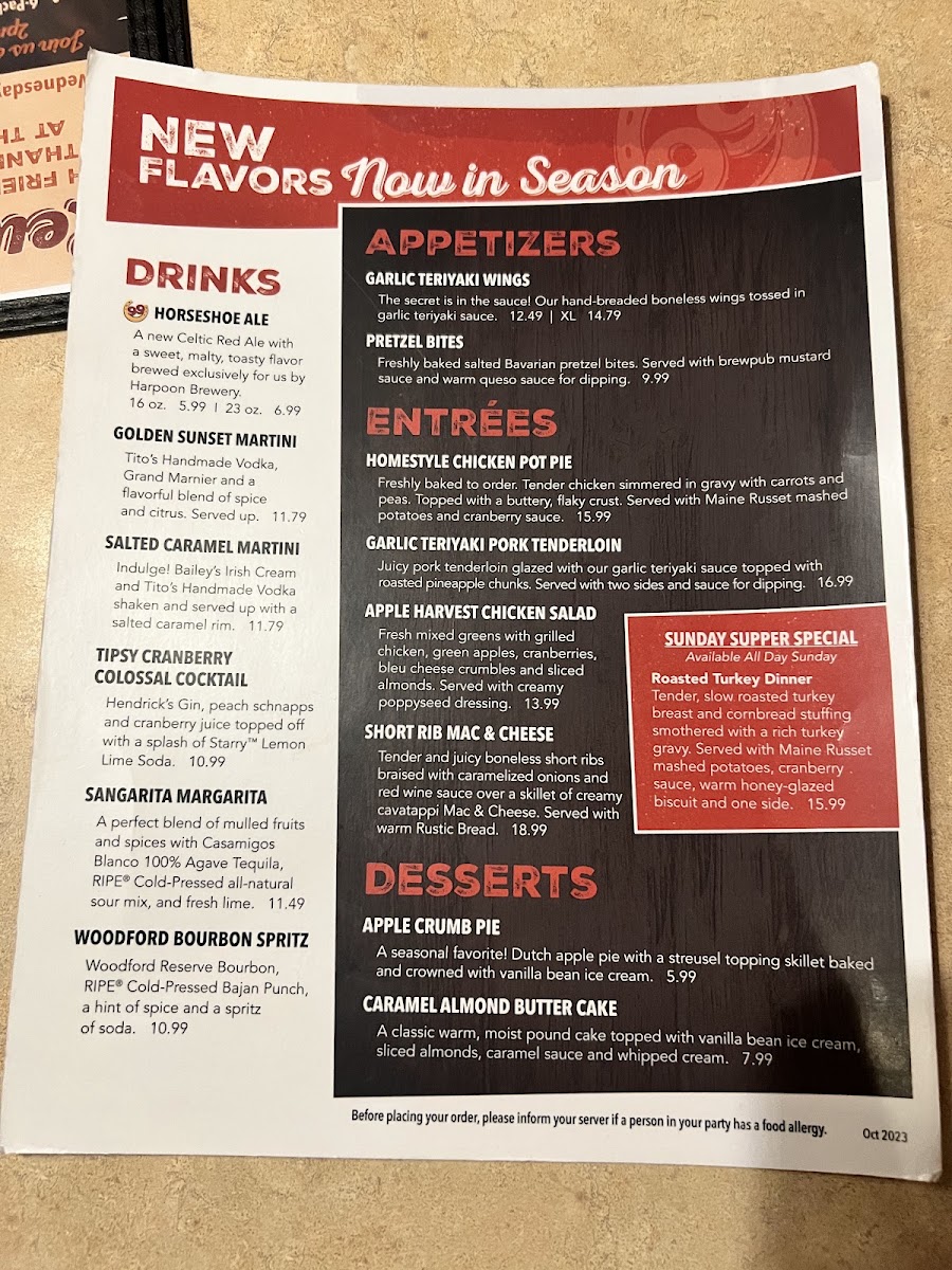 99 Restaurants menu board