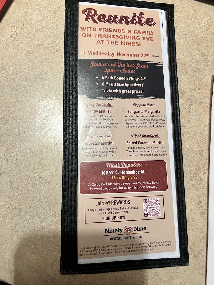 99 Restaurants menu board