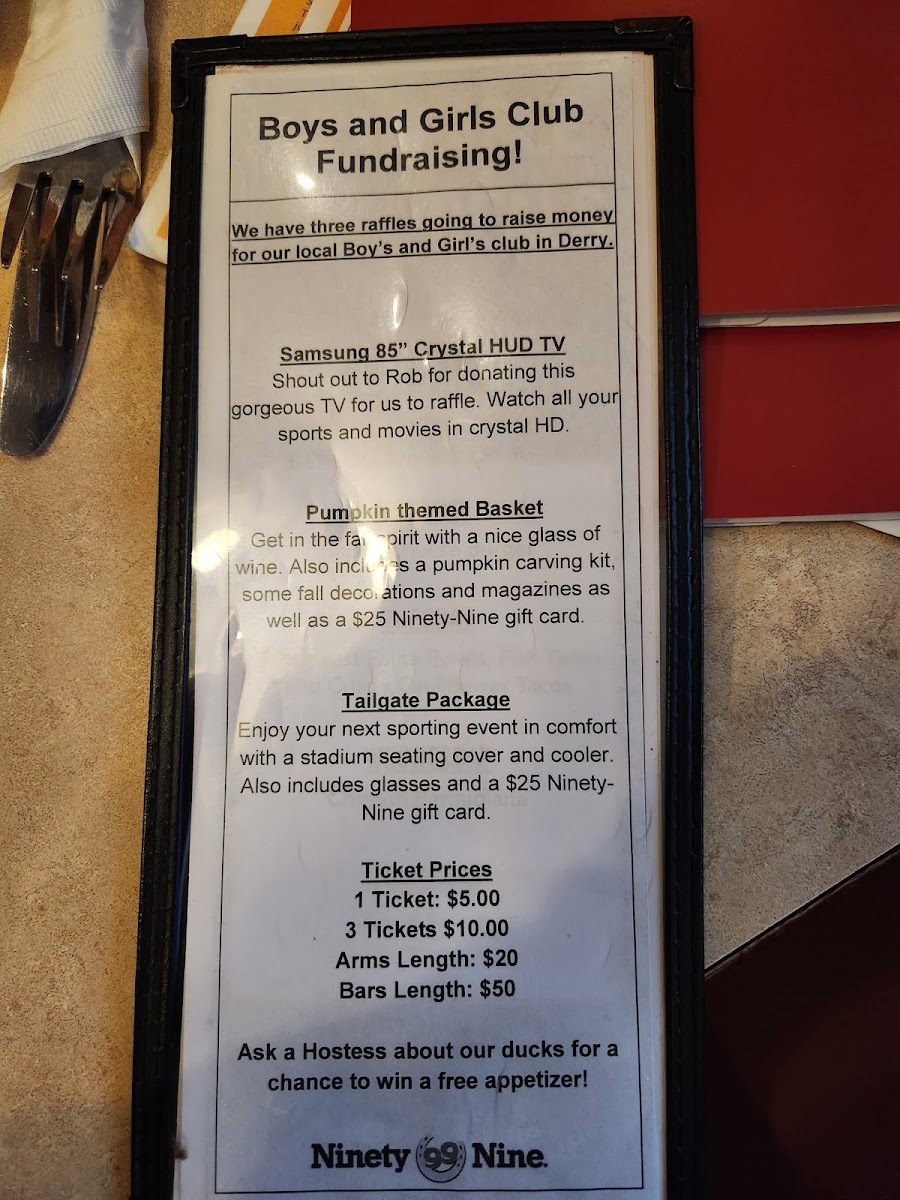 99 Restaurants menu board