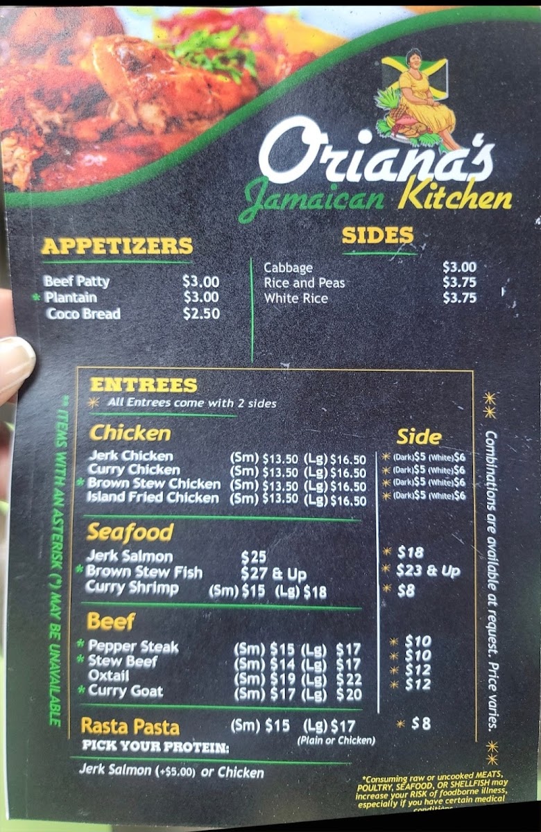 Orianas Jamaican kitchen menu board