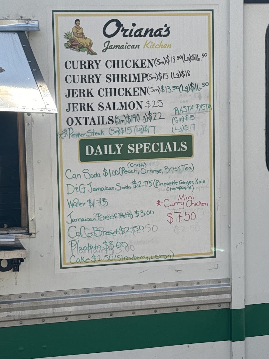 Orianas Jamaican kitchen menu board