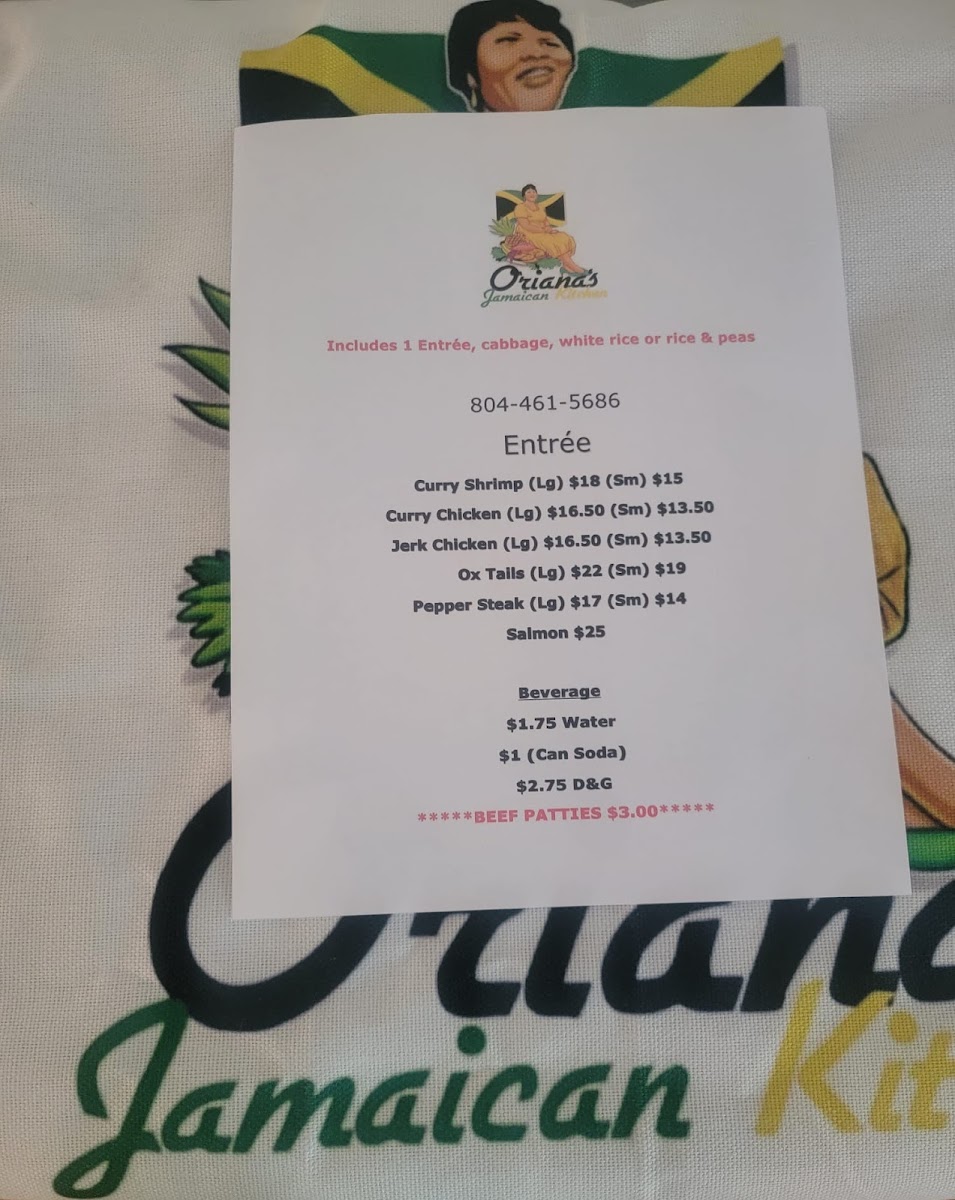 Orianas Jamaican kitchen menu board