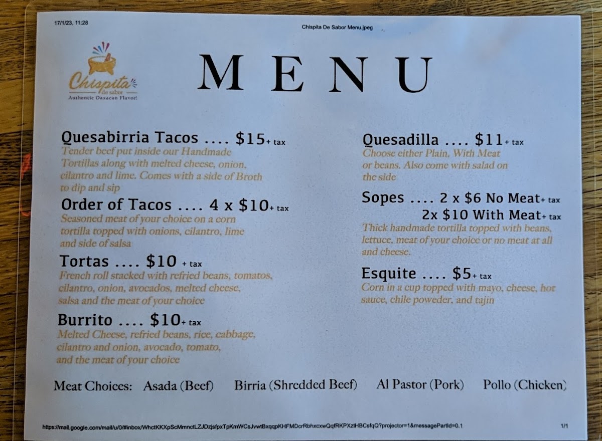Chispita De Sabor menu board
