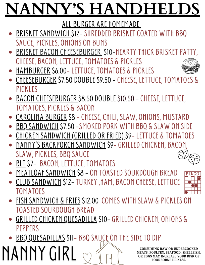 Nanny's Cabin menu board