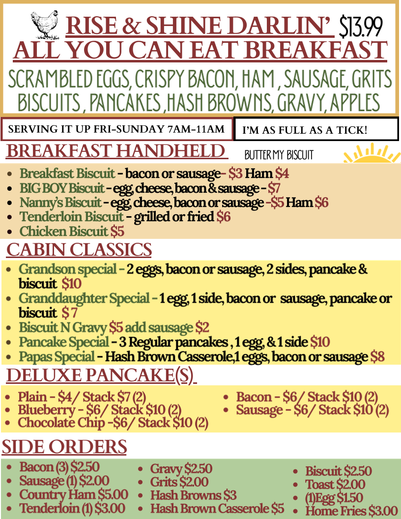 Nanny's Cabin menu board