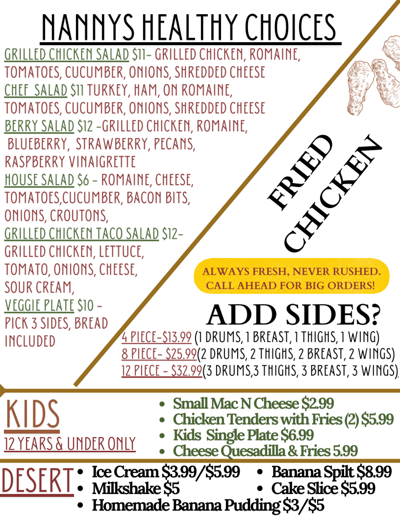 Nanny's Cabin menu board