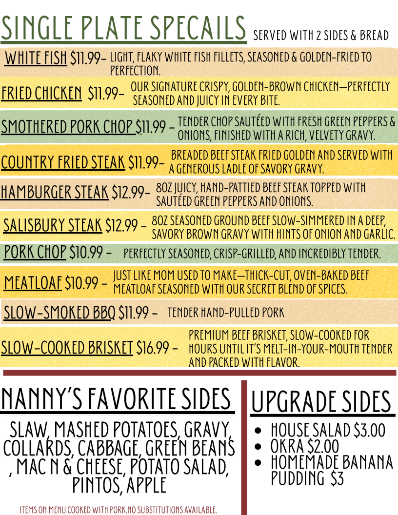 Nanny's Cabin menu board