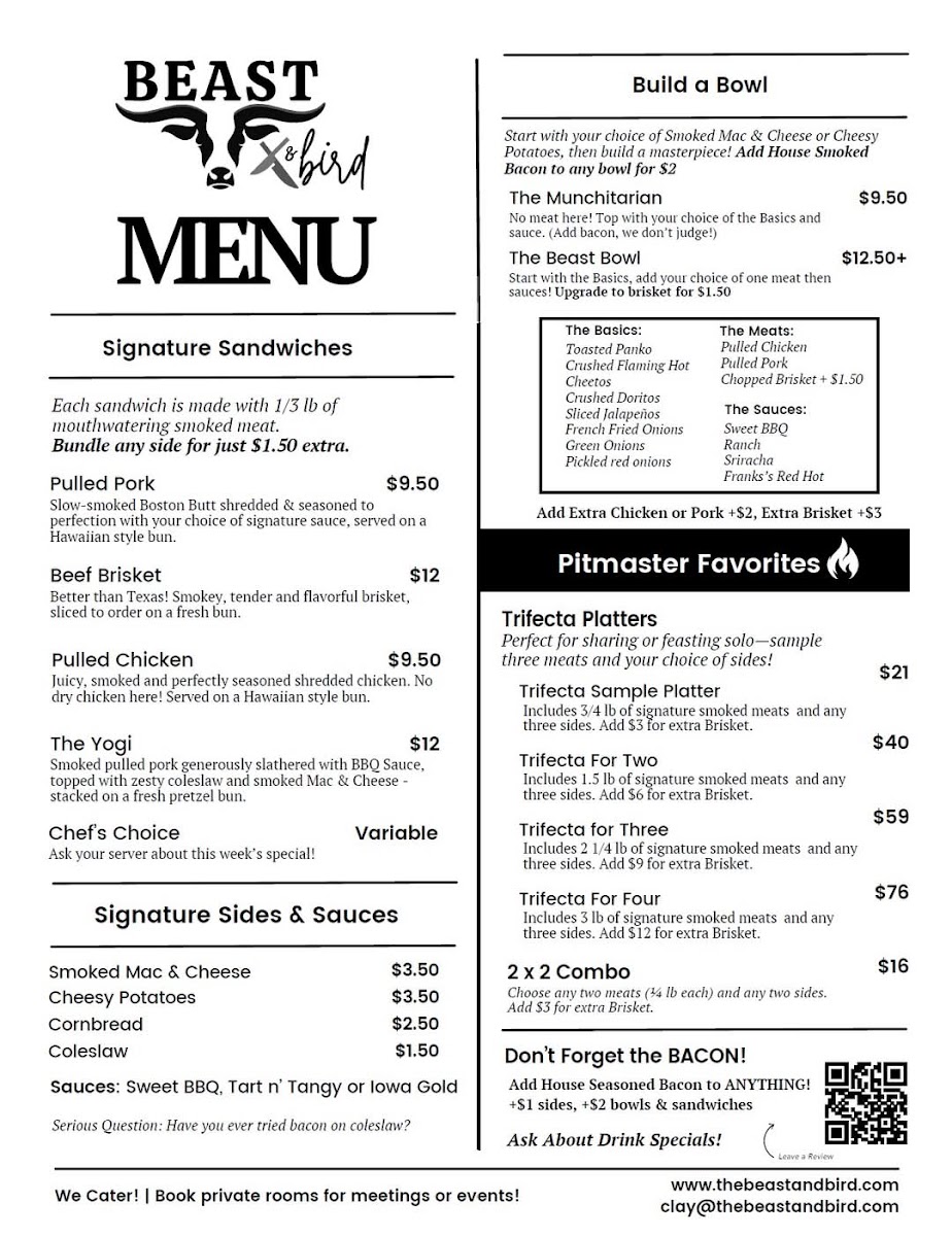 Beast & Bird menu board