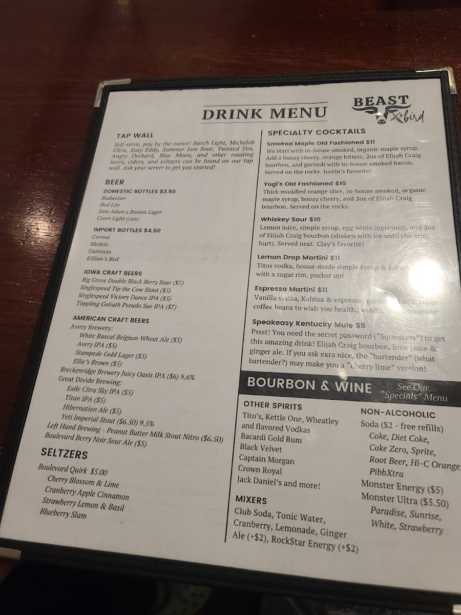 Beast & Bird menu board
