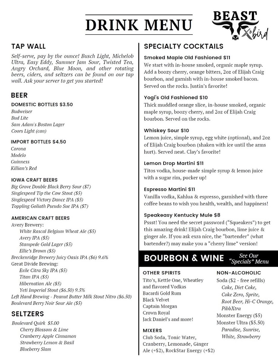 Beast & Bird menu board