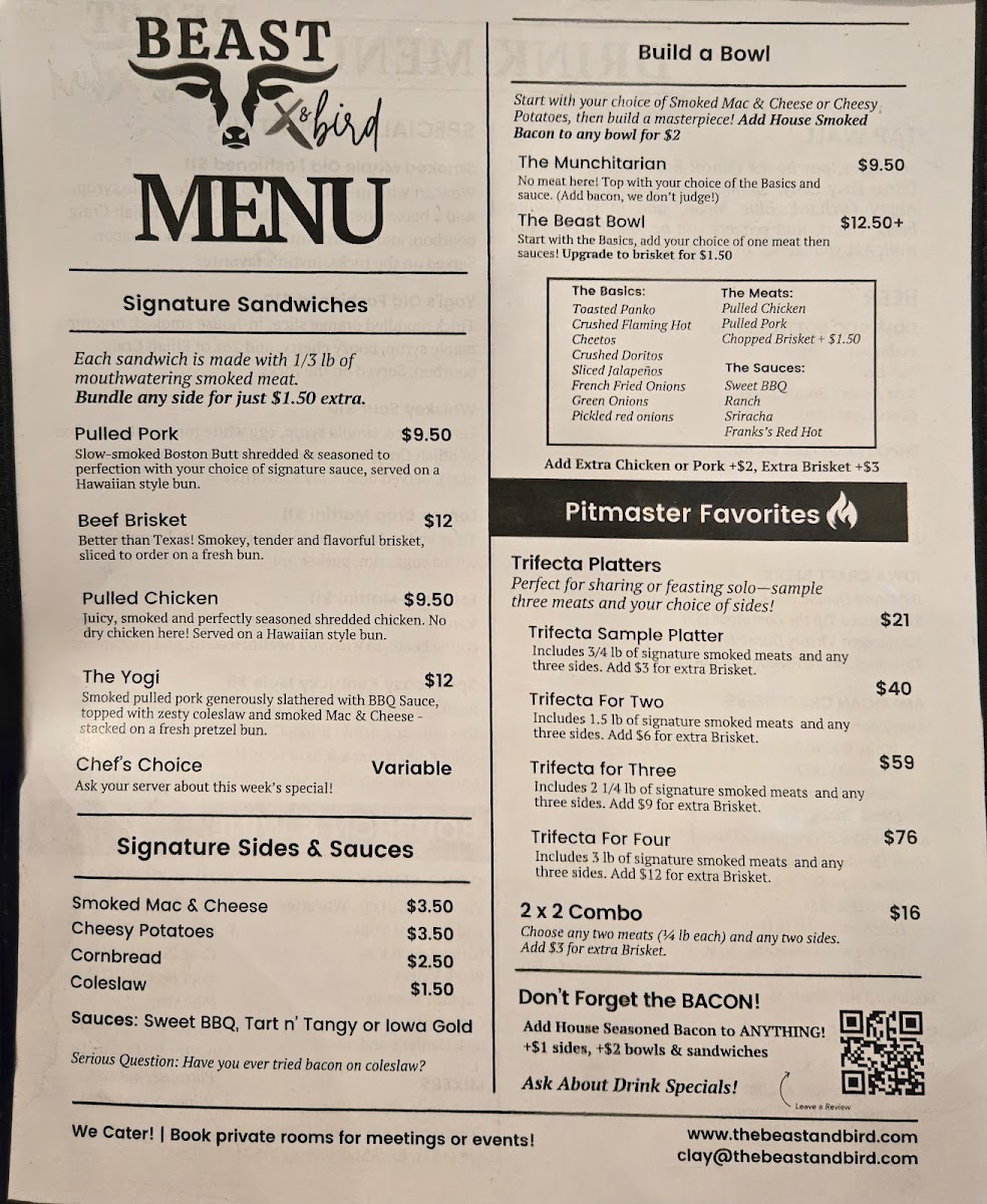Beast & Bird menu board