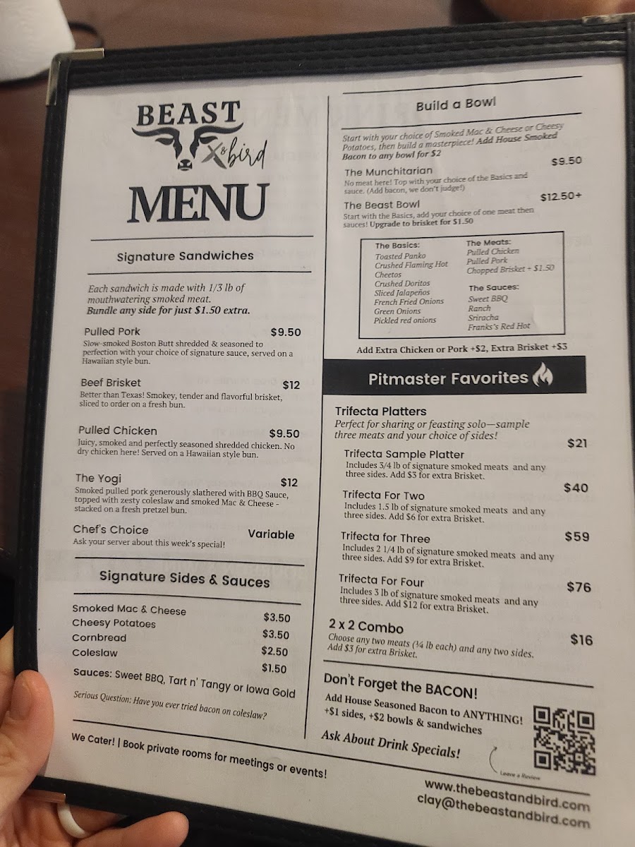 Beast & Bird menu board
