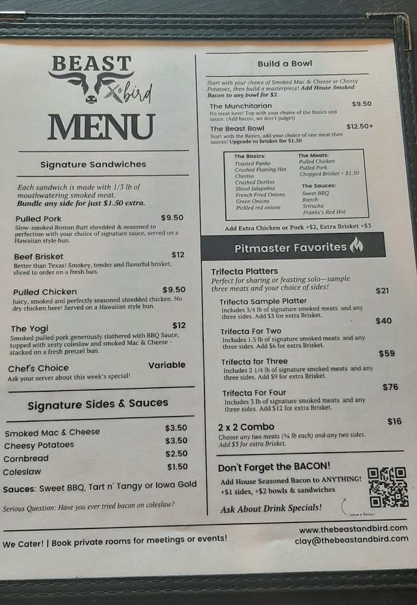 Beast & Bird menu board