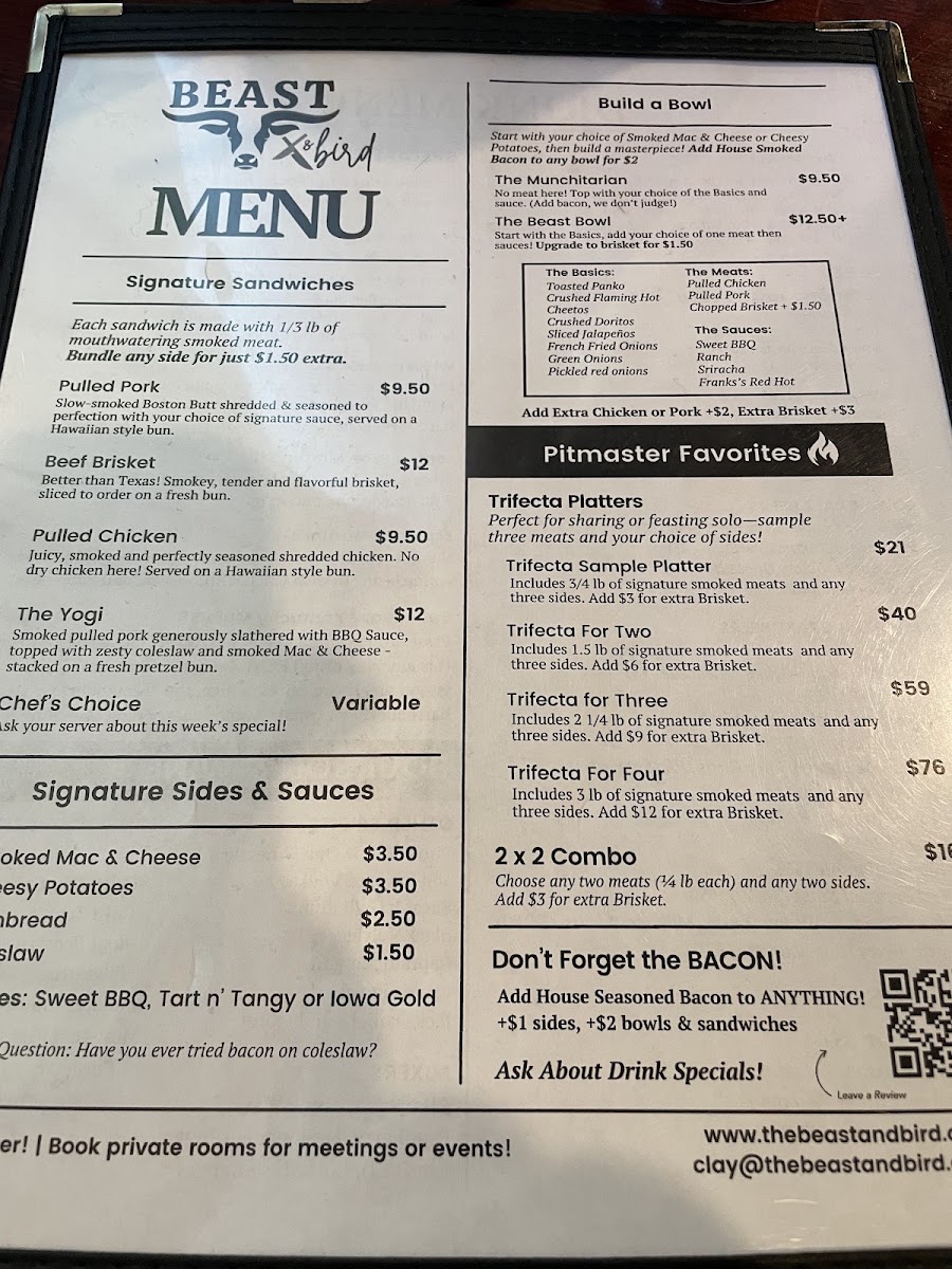 Beast & Bird menu board