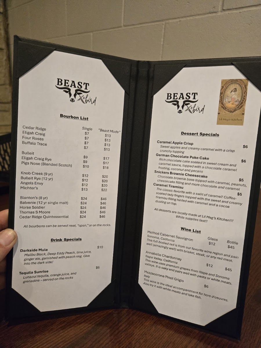 Beast & Bird menu board