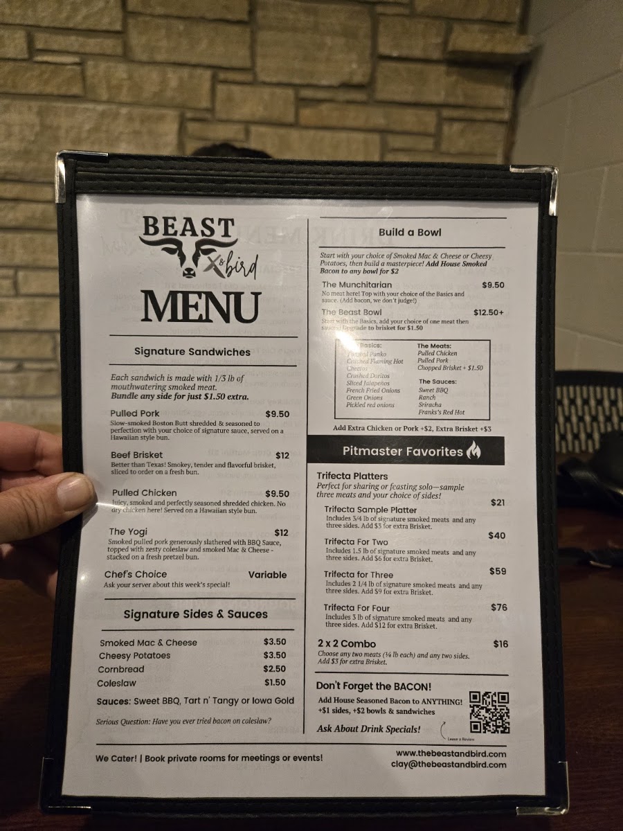 Beast & Bird menu board