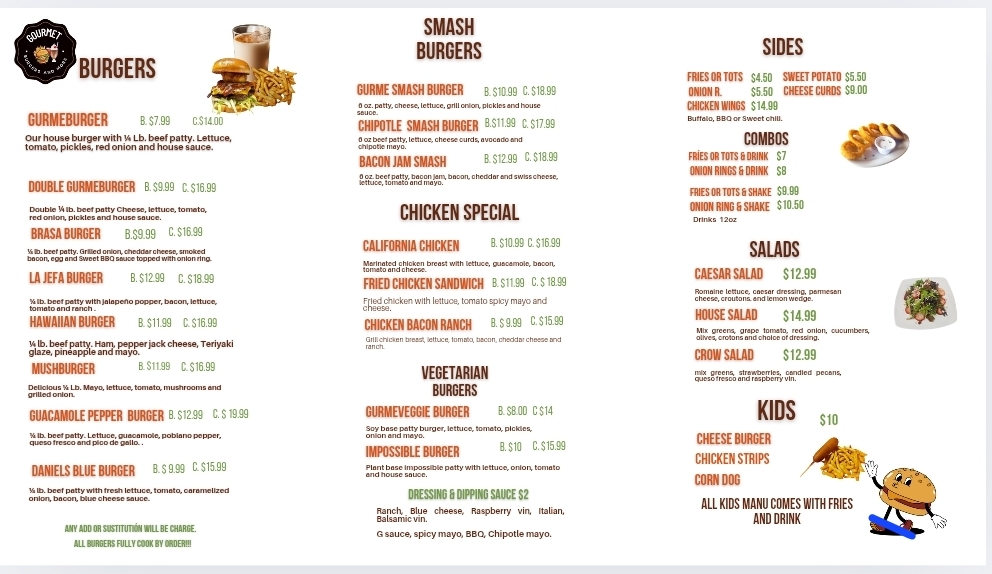 GOURMET BURGERS AND MORE menu board