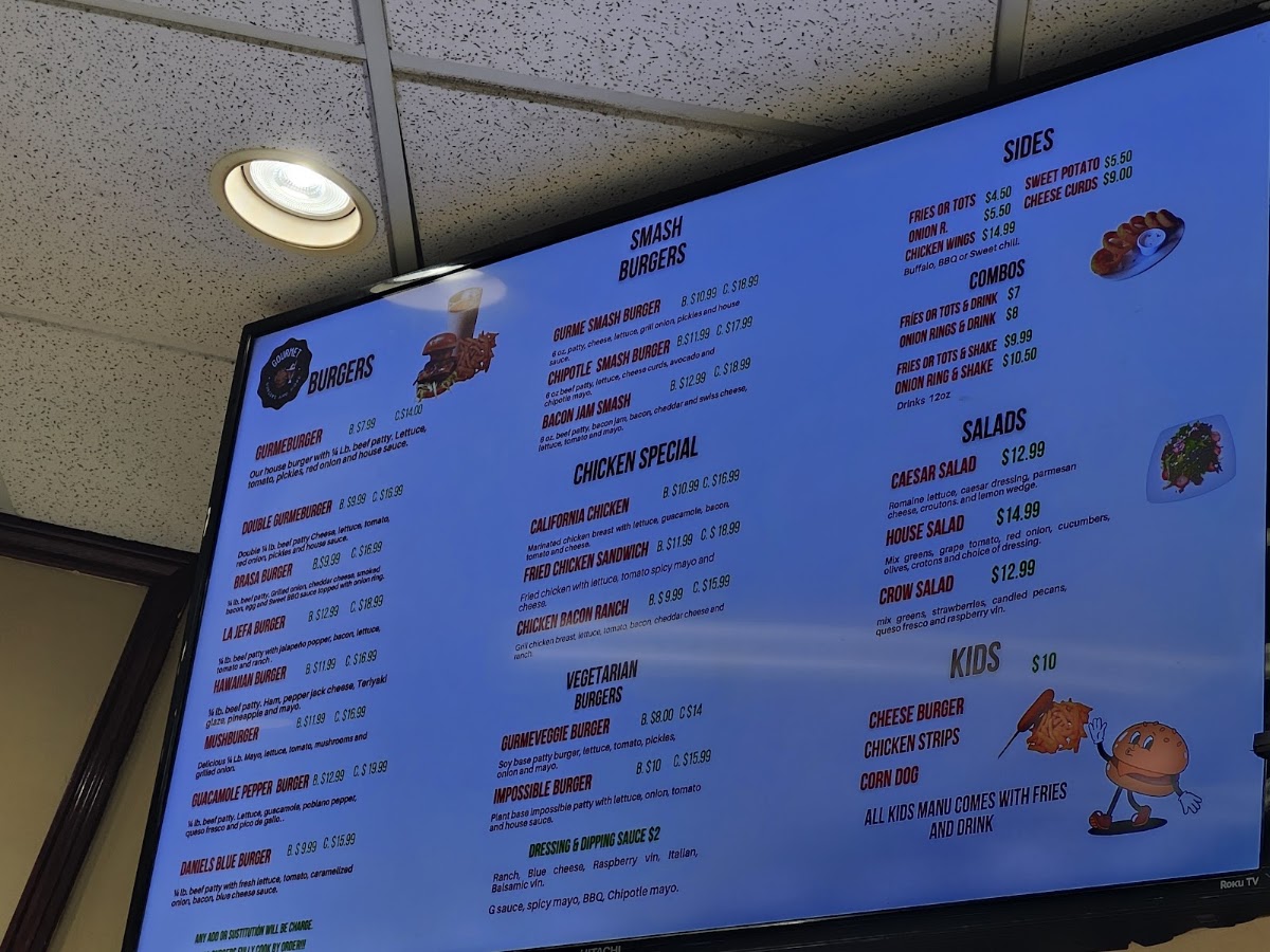 GOURMET BURGERS AND MORE menu board
