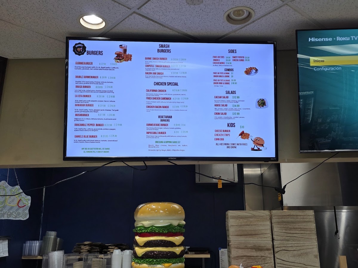 GOURMET BURGERS AND MORE menu board