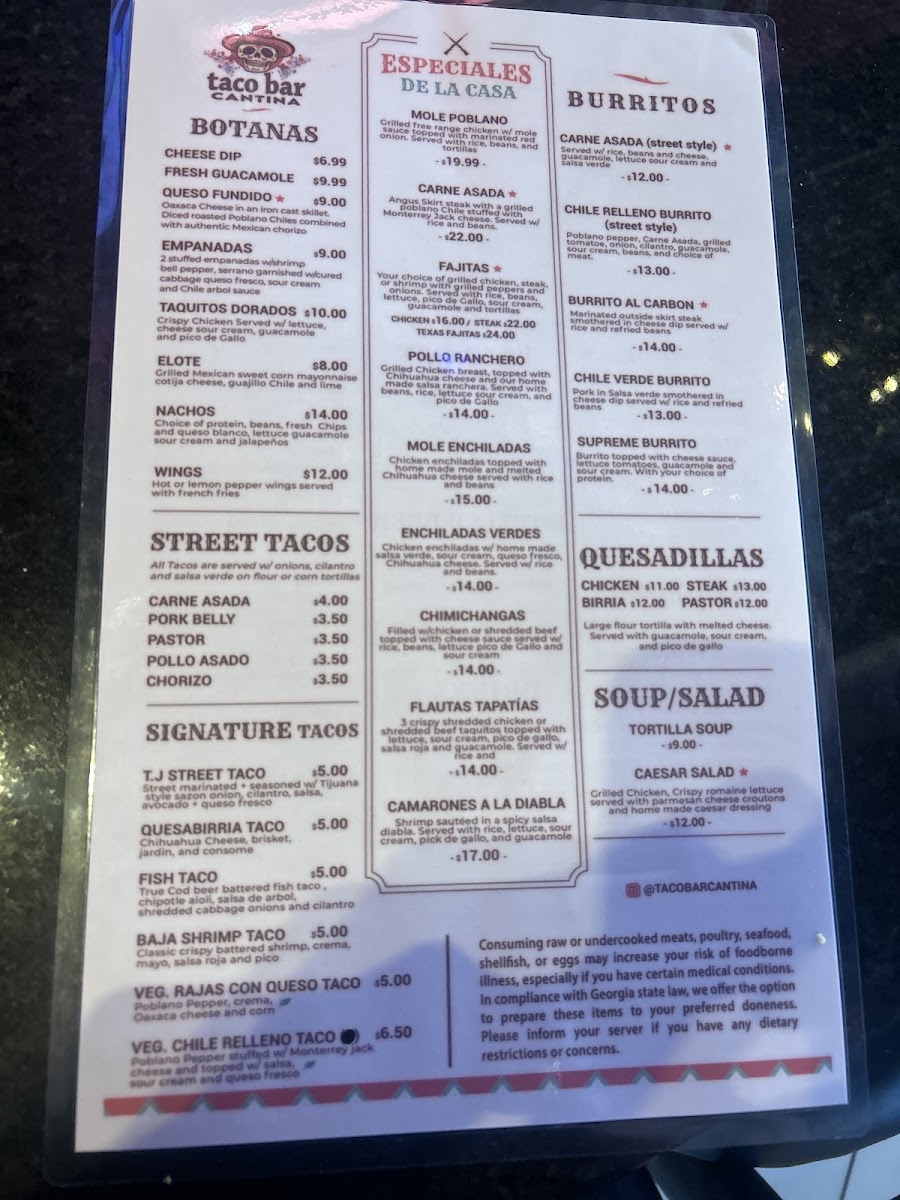 TacoBar Cantina menu board
