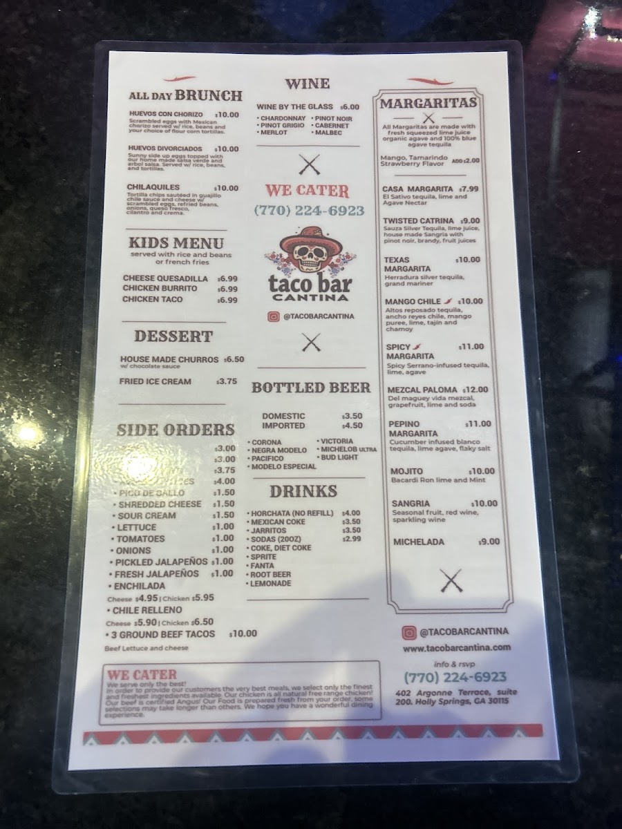 TacoBar Cantina menu board