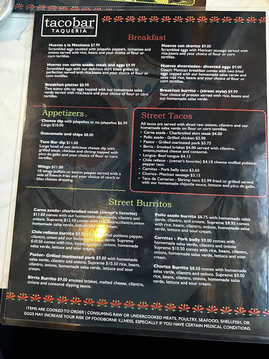 TacoBar Cantina menu board