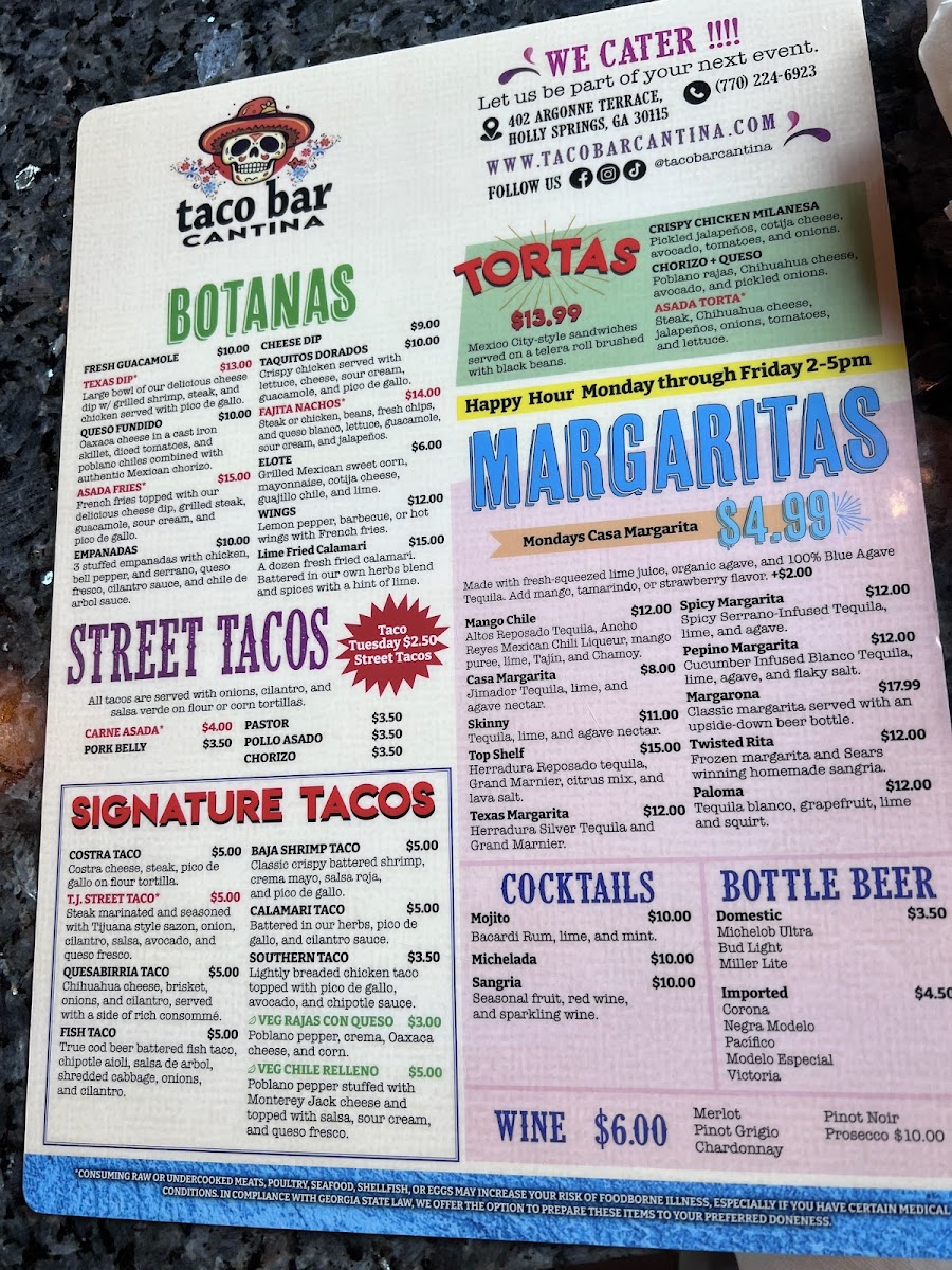 TacoBar Cantina menu board