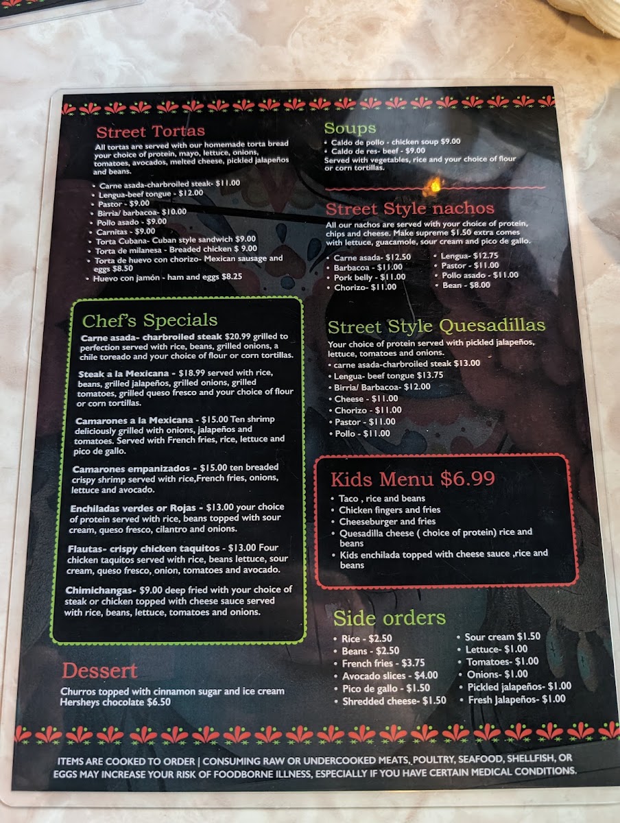 TacoBar Cantina menu board