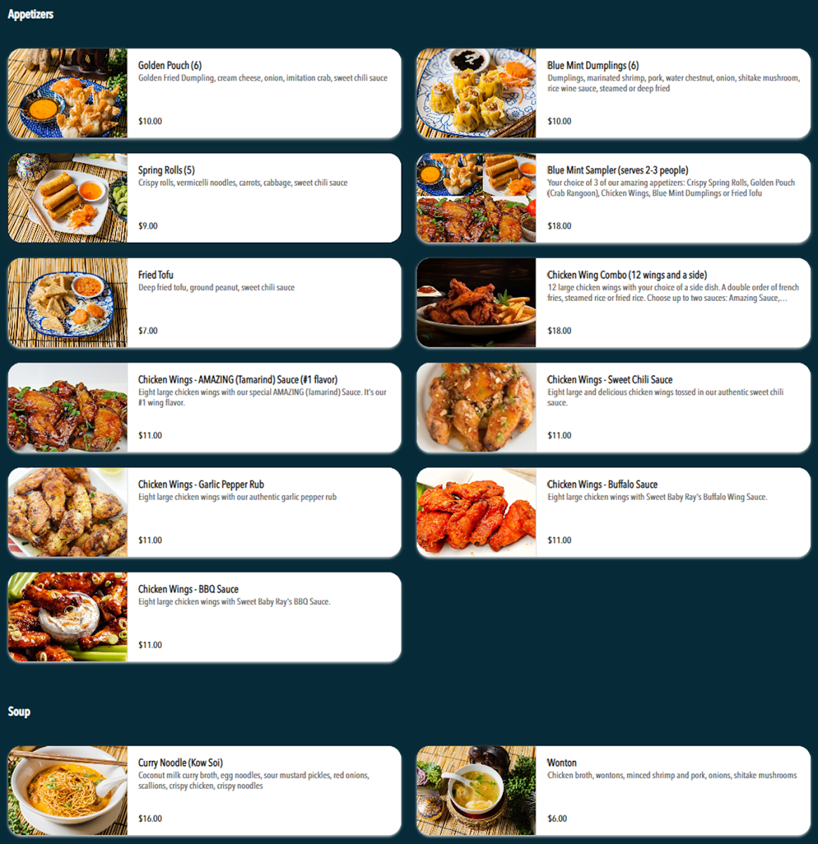 Blue Mint Thai & Asian Cuisine menu board