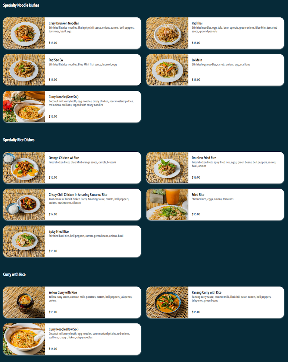 Blue Mint Thai & Asian Cuisine menu board