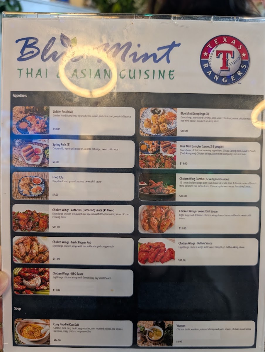 Blue Mint Thai & Asian Cuisine menu board