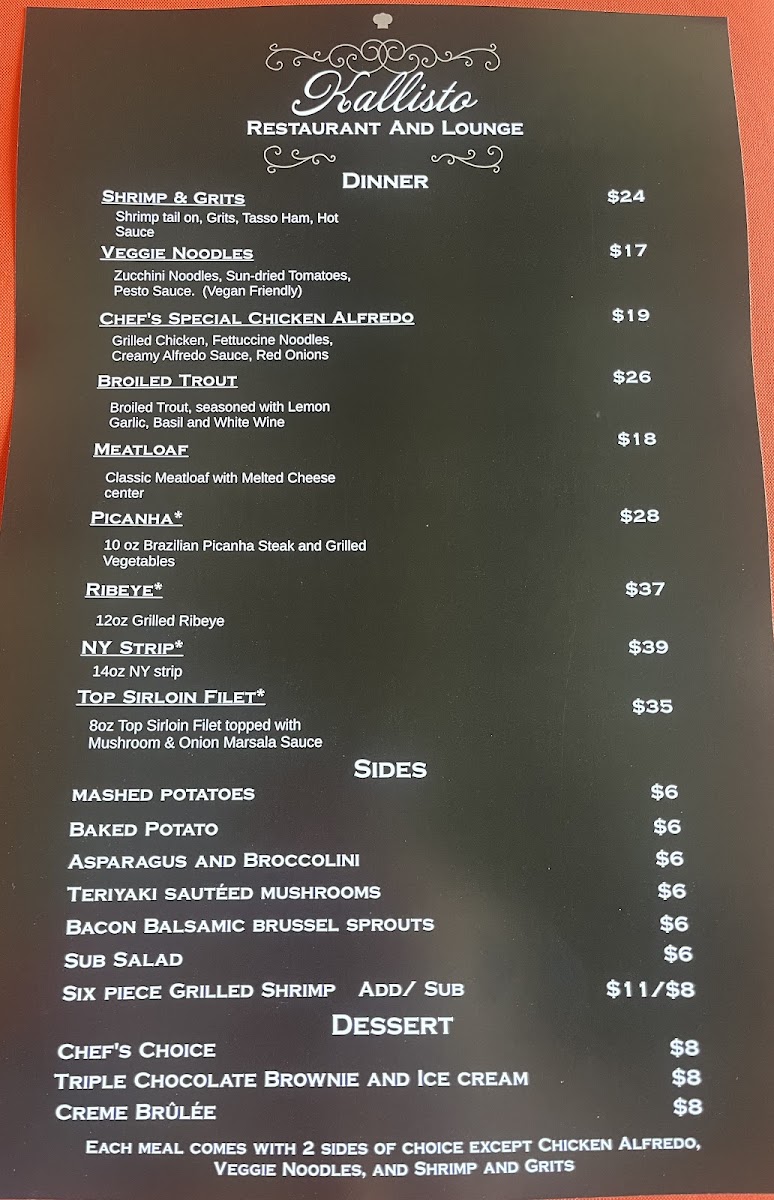 Kallisto Restaurant and Lounge at Nantahala Village menu board