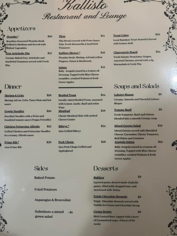 Kallisto Restaurant and Lounge at Nantahala Village menu board