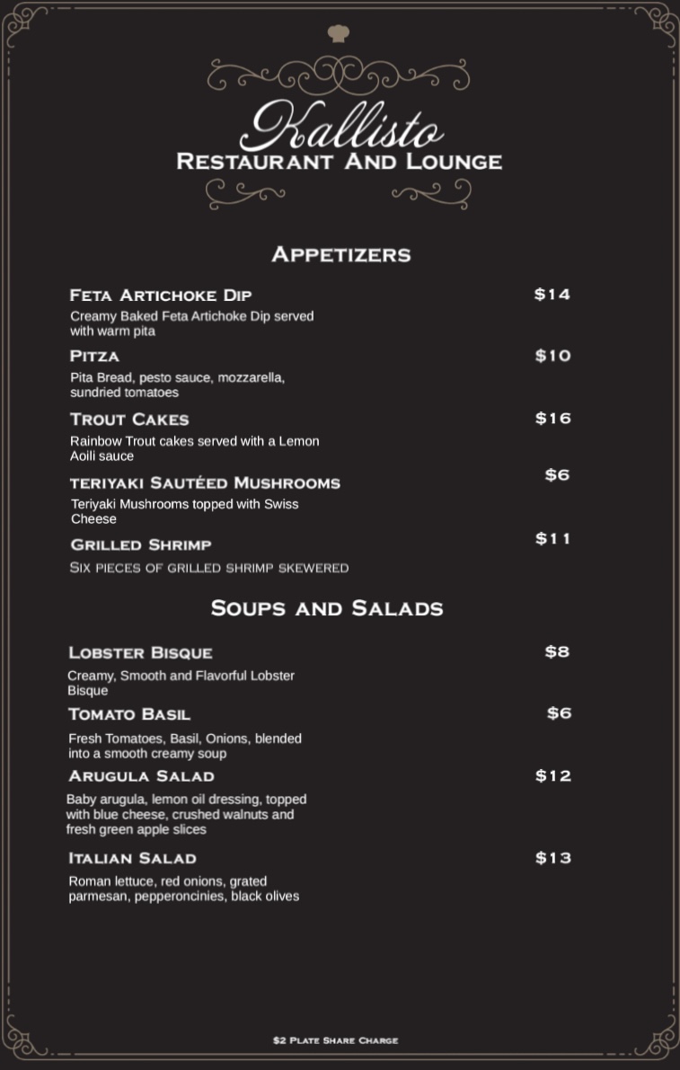 Kallisto Restaurant and Lounge at Nantahala Village menu board