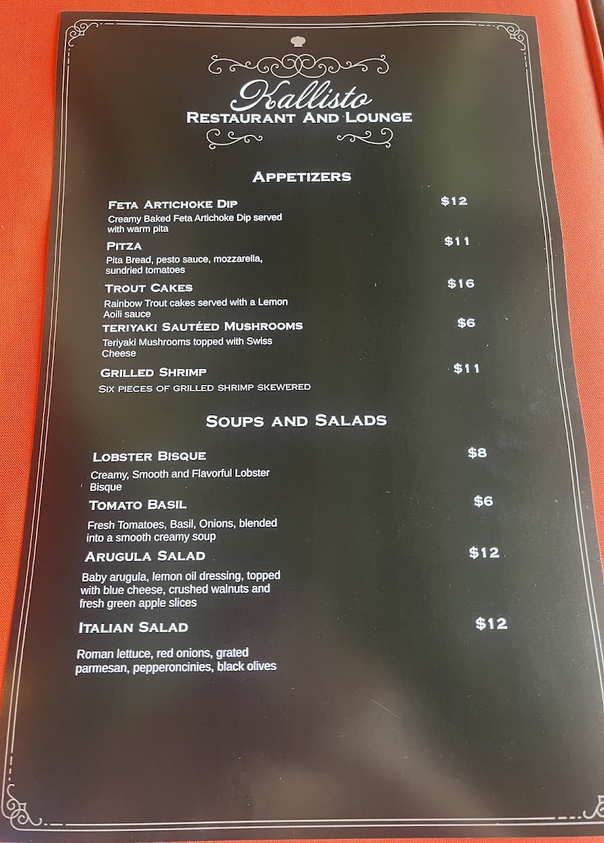Kallisto Restaurant and Lounge at Nantahala Village menu board