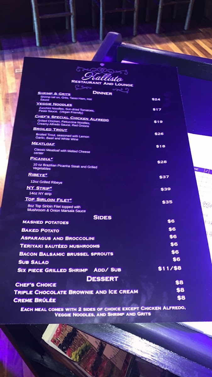 Kallisto Restaurant and Lounge at Nantahala Village menu board