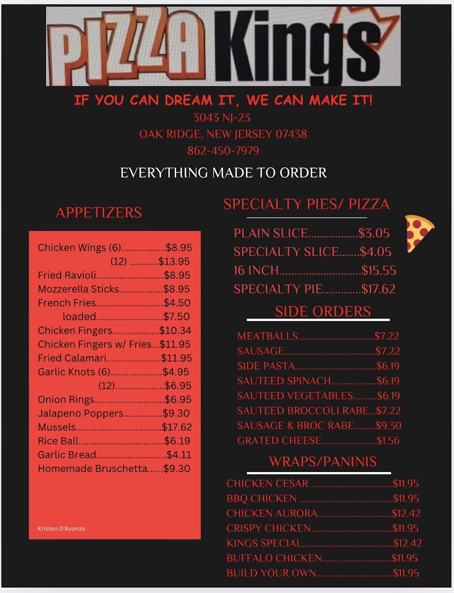Pizza Kings menu board
