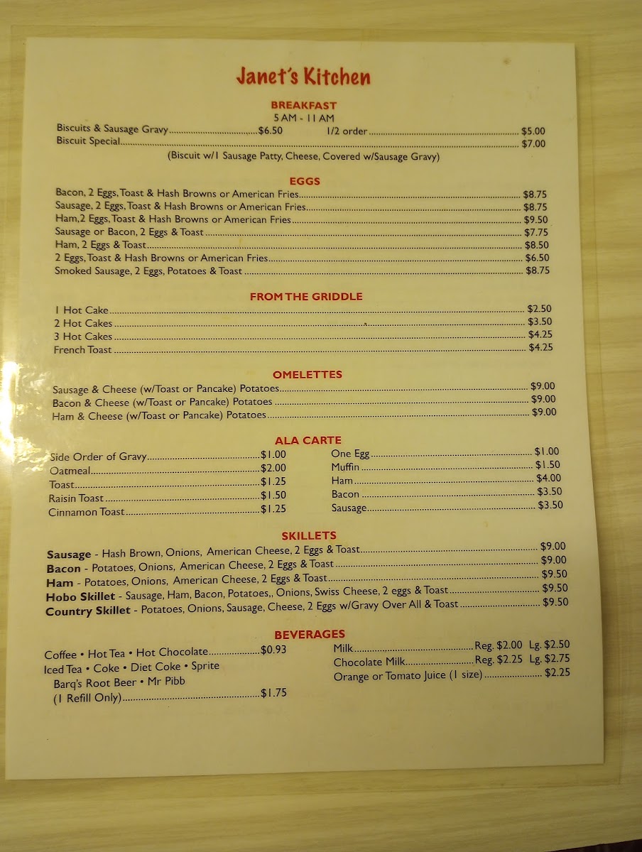 Janets Kitchen menu board