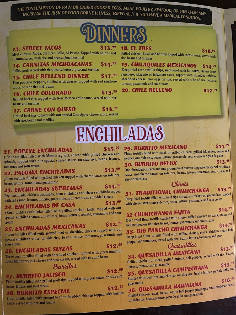 Casa Agave Mexican Restaurant and Cantina menu board