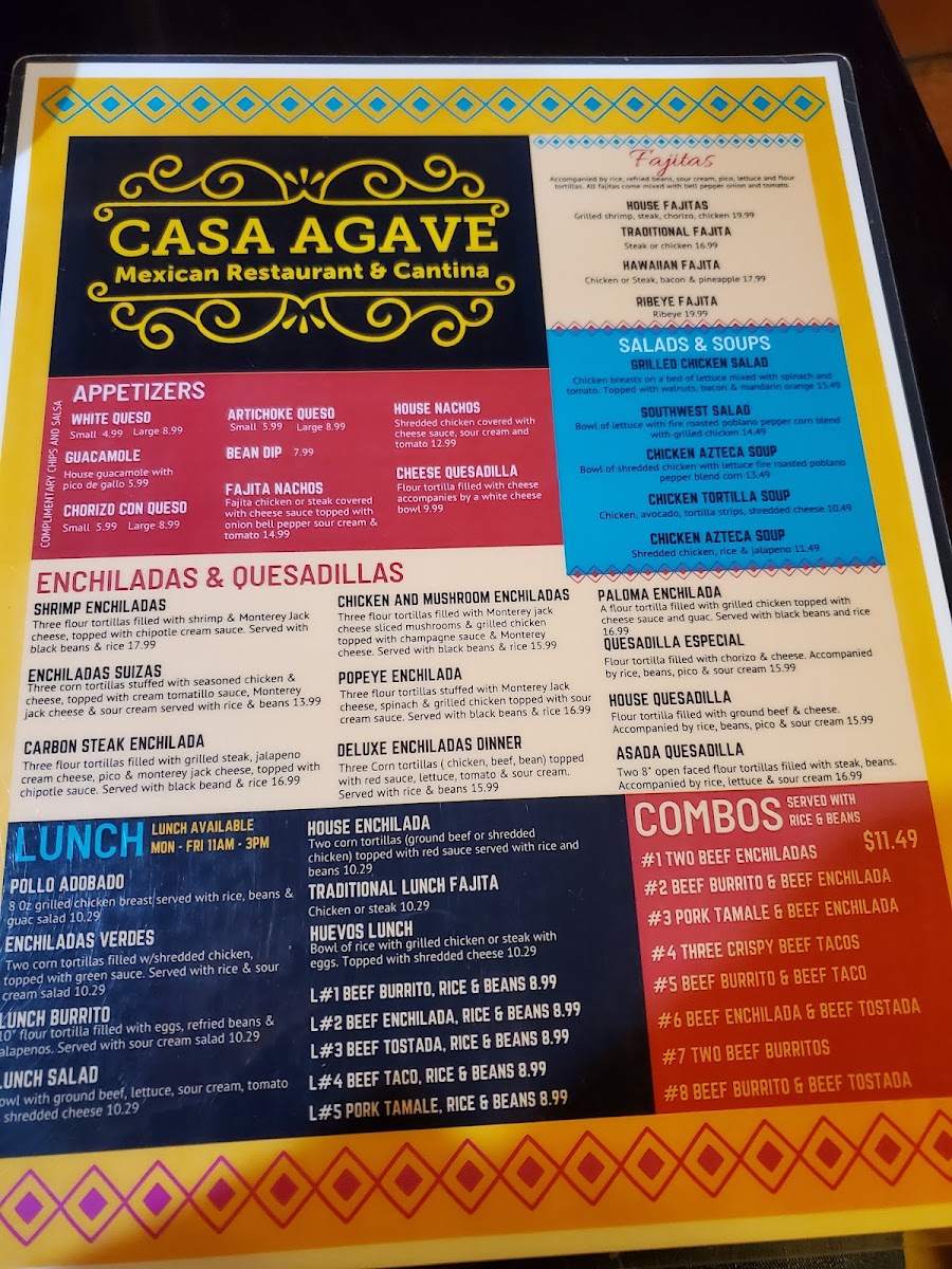 Casa Agave Mexican Restaurant and Cantina menu board
