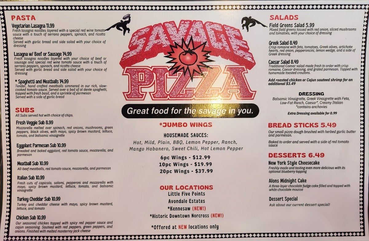 Savage Pizza (Norcross) menu board