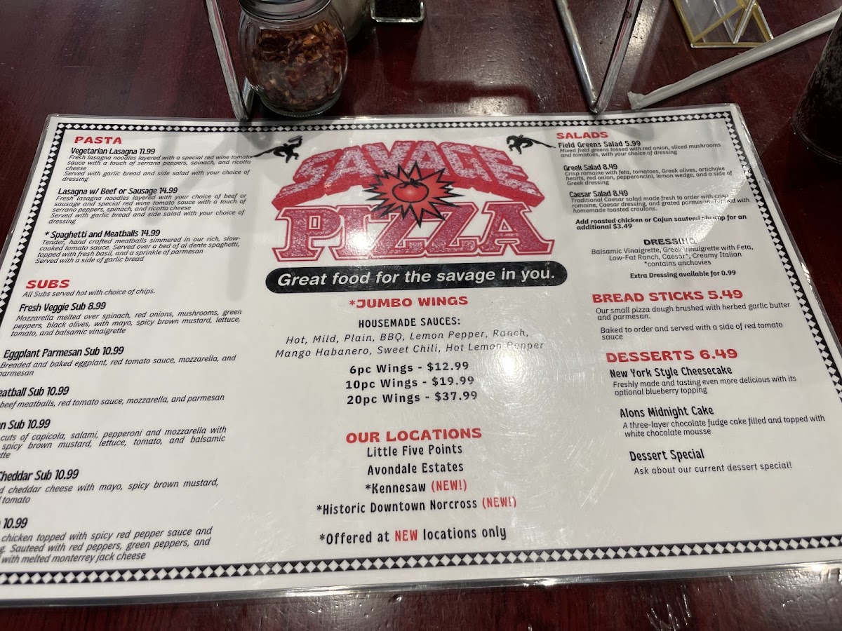 Savage Pizza (Norcross) menu board
