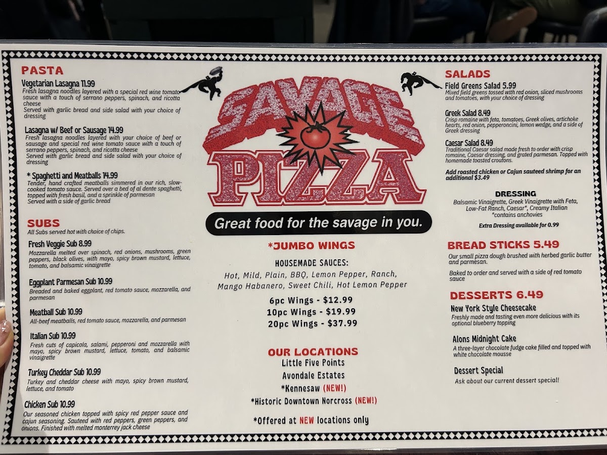 Savage Pizza (Norcross) menu board