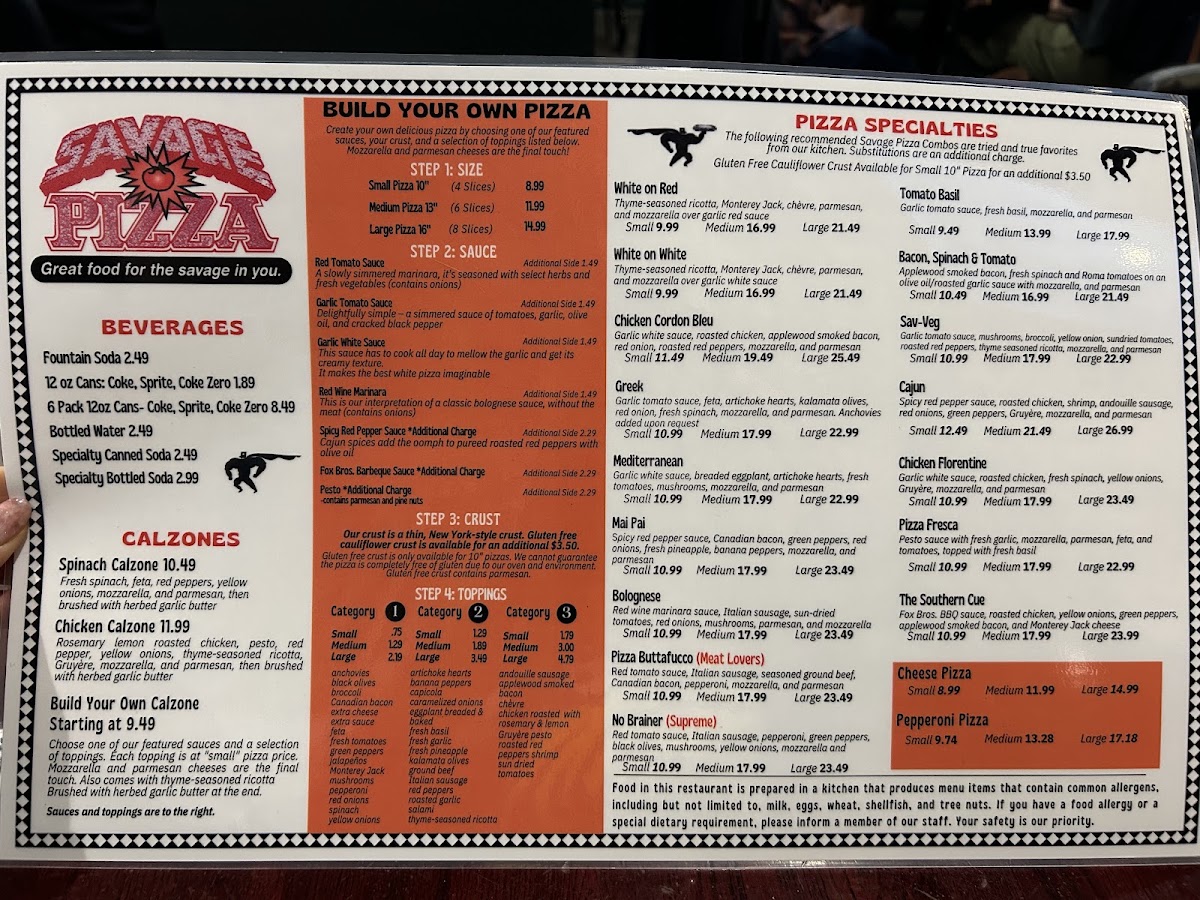 Savage Pizza (Norcross) menu board