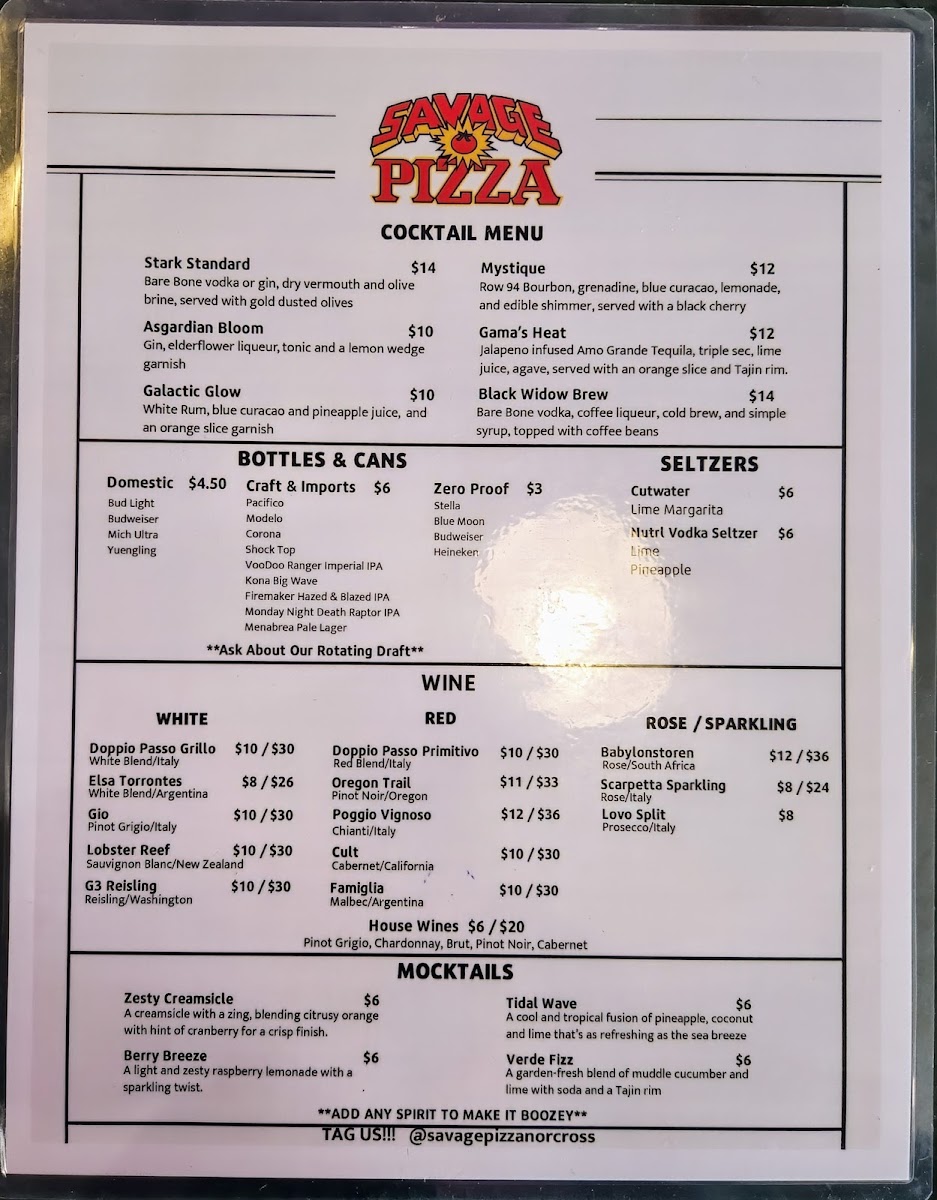 Savage Pizza (Norcross) menu board